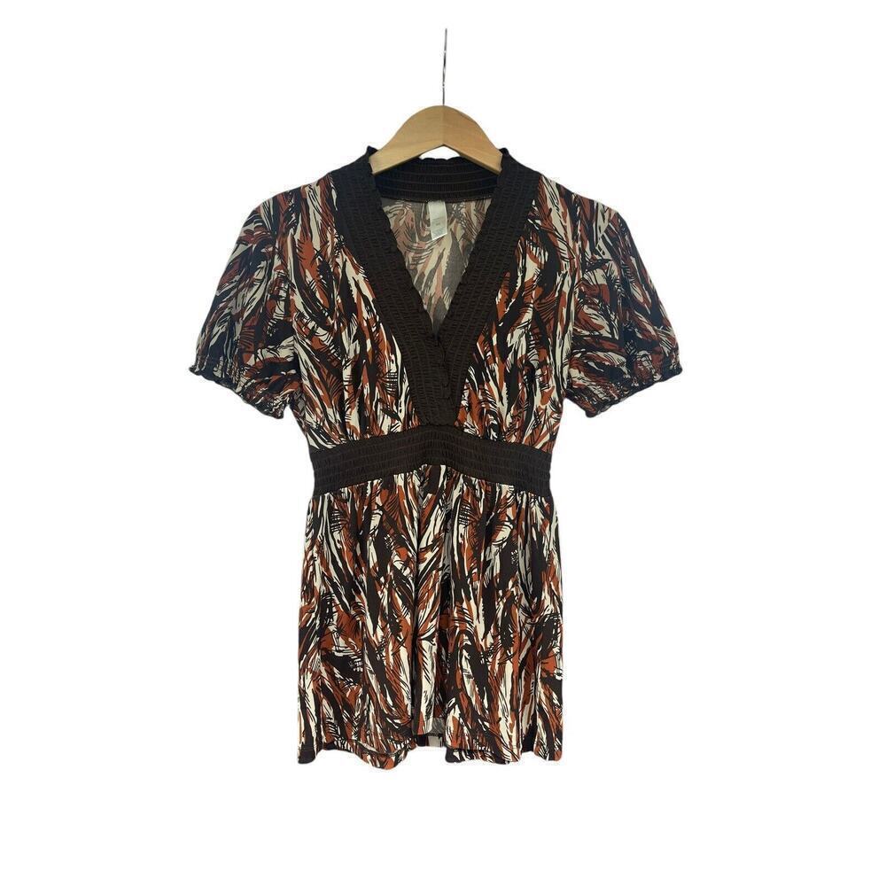 Merona Brown Pattern Y2K Style Slinky Babydoll Top Womens XS
